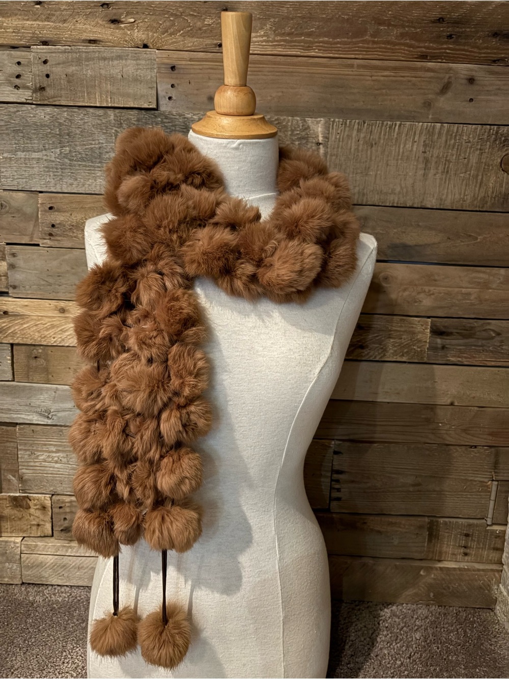 Luxurious Genuine Rabbit Fur Pom-Pom Scarf - Camel Brown